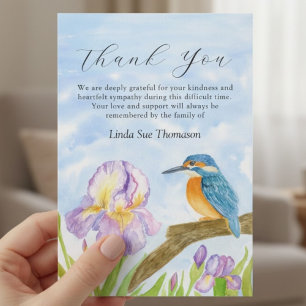 Carte De Remerciements Célébration de la vie Martin-pêcheur Iris violets
