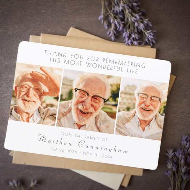 Carte De Remerciements Célébration de sa vie Moderne Simple Trois photos (Créateur téléchargé)