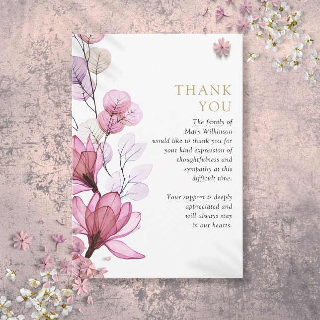 Carte De Remerciements Célébration Du Mémorial Floral Rose De La Vie Funé (Pink Floral Memorial Celebration Of Life Funeral Thank You Card)