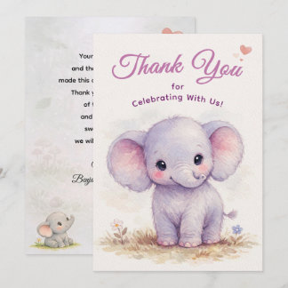 Carte De Remerciements Célébration d'un éléphant bébé violet mignon