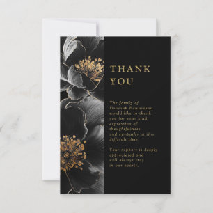 Carte De Remerciements Célébration florale noire et or de la vie Funérail