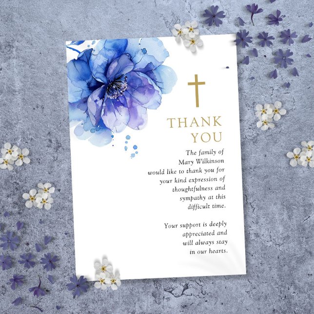 Carte De Remerciements Célébration funéraire chrétienne florale bleue de  (Blue Floral Christian Celebration Of Life Funeral Thank You Card)
