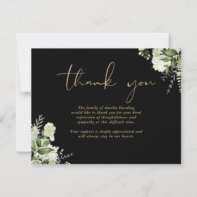 Carte De Remerciements Celebration Of Life Greenery Floral Black And Gold (Devant)