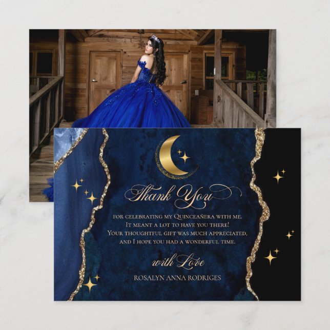 Carte De Remerciements Celestial Blue Quinceanera Midnight Stars Moon  (Devant / Derrière)