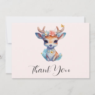 Carte De Remerciements Cerf de Bébé mignon avec Antlers et Fleurs
