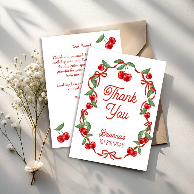 Carte De Remerciements Cerise sur le haut ruban fantaisie fête d'annivers (Cherry on top red ribbon whimsical cherry birthday party thank you cards )