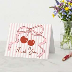 Carte De Remerciements Cerises rouges avec nœud et rayures roses classiqu