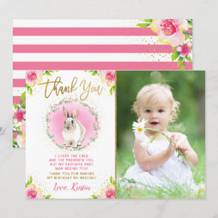Carte De Remerciements Certains Lapin Rose Floral Or Paillettes Photo Ann