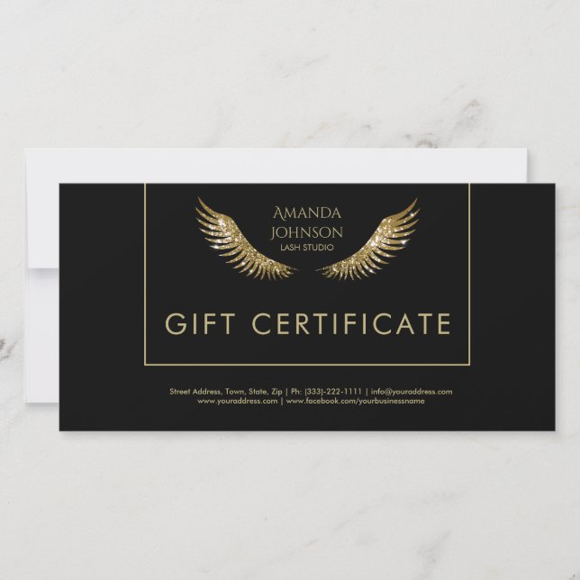 Carte De Remerciements Certificat cadeau Lash White Gold Wings Black (Devant)
