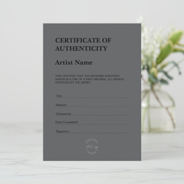 Carte De Remerciements Certificat d'Authenticité Thème Sombre Moderne (Debout devant)