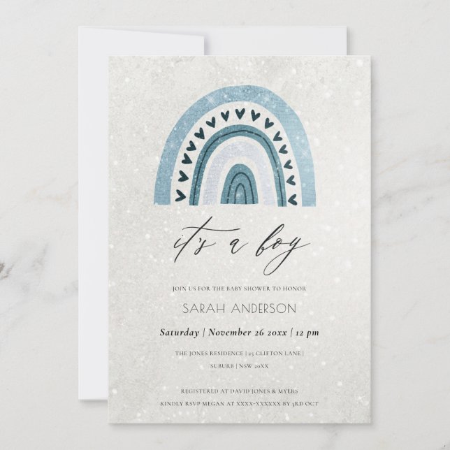 CARTE DE REMERCIEMENTS C'EST UN GARÇON AQUA BLUE RAINBOW BABY SHOWER INVI (Devant)