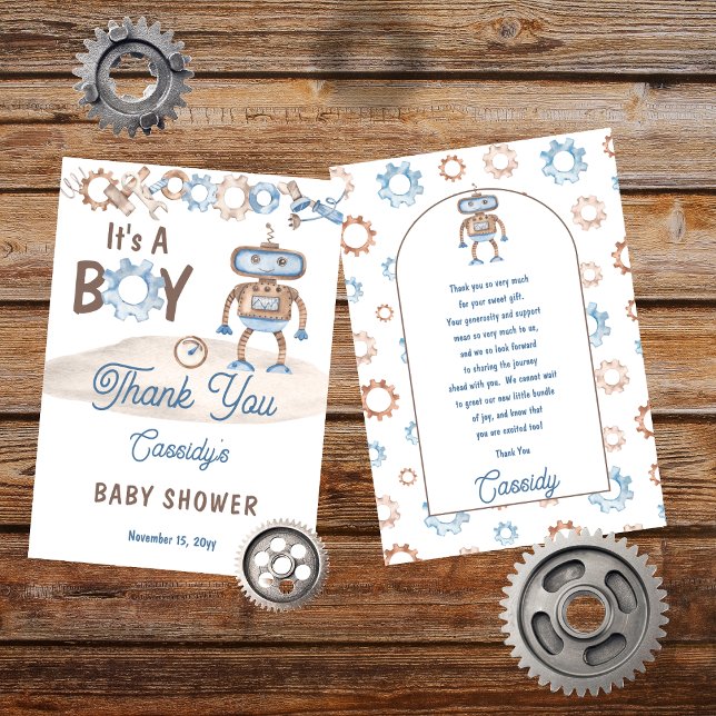 Carte De Remerciements C'est un garçon mignon bleu | Baby shower Robot Gr (It's A Boy Cute Blue and Greige Robot Baby Shower Thank You Card)