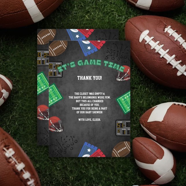 Carte De Remerciements Chalkboard It's Game Time Football Baby shower (Créateur téléchargé)