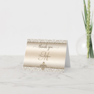 Carte De Remerciements Champagne Damask Monogramme Fleur De Lis Mariage