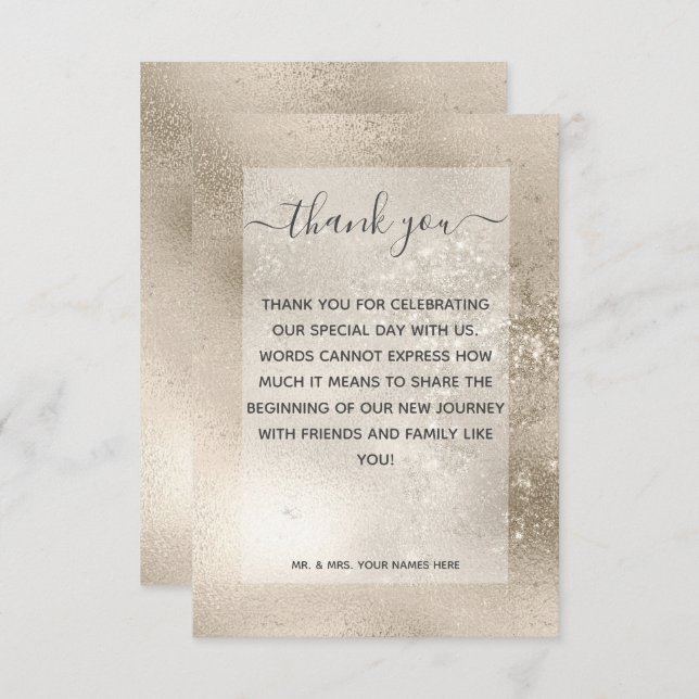 Carte De Remerciements Champagne Gold Parties scintillant Mariage moderne (Devant / Derrière)