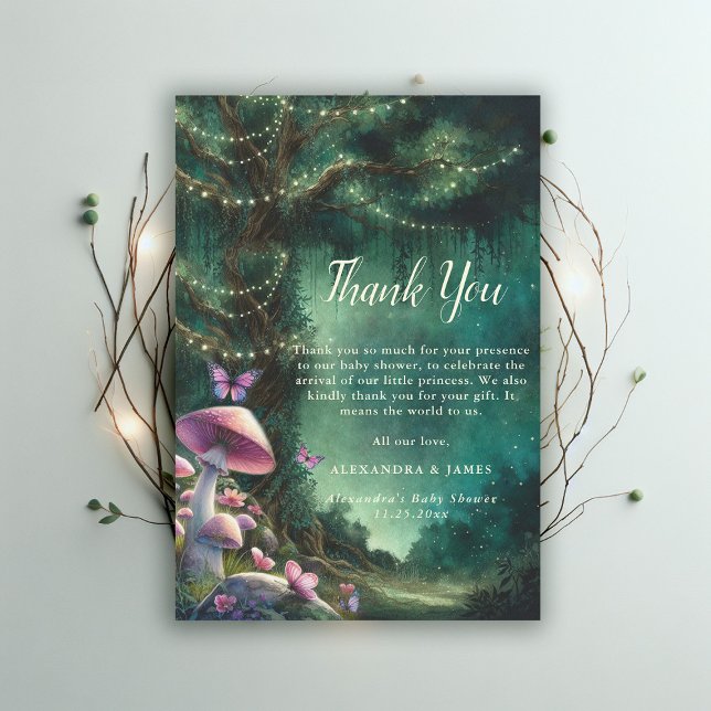 Carte De Remerciements Champignons de la forêt enchantés Baby shower vert (enchanted forest garden mushroom baby shower thank you card woodland magical green pink)