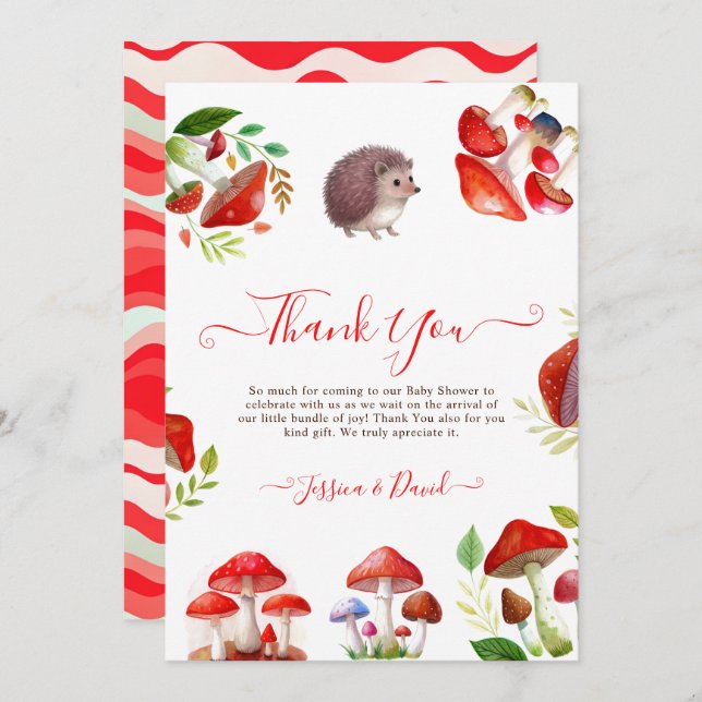 Carte De Remerciements Champignons Rouge Aquarelle Forêt Baby shower rust (Devant / Derrière)