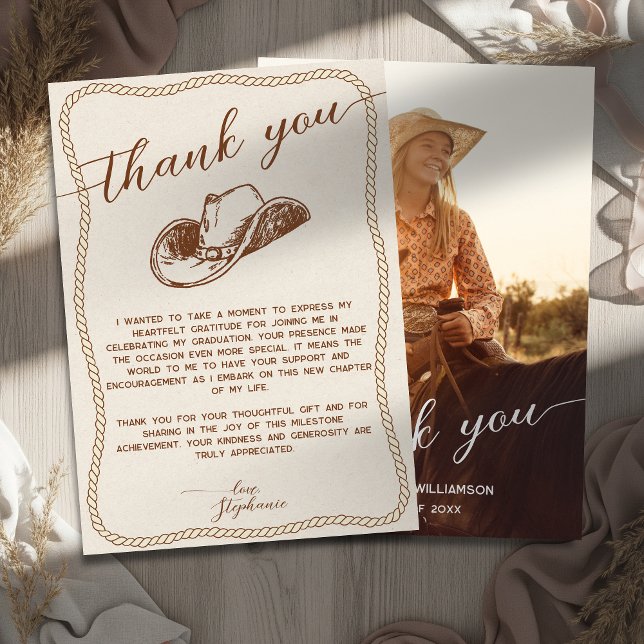 Carte De Remerciements Chapeau de Cowboy Rustique Photo Script de Fête de (Créateur téléchargé)