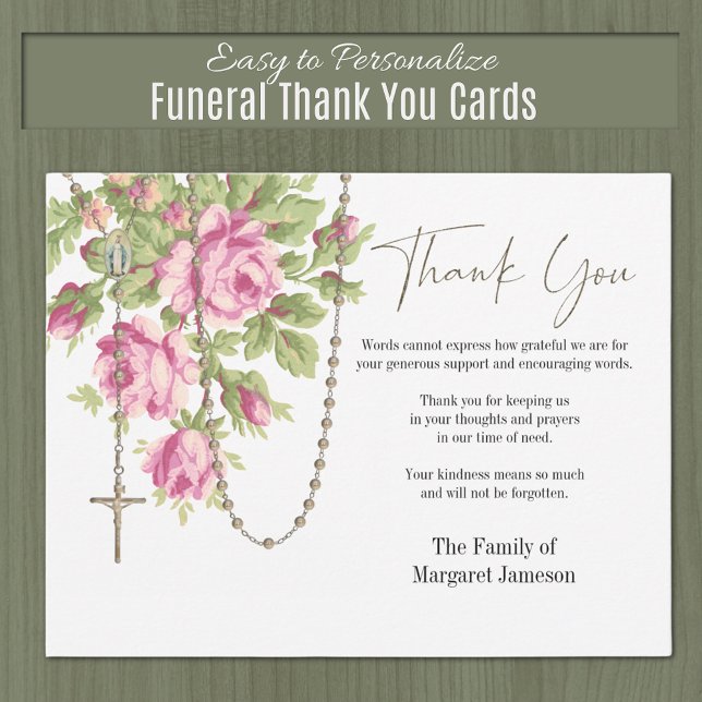 Carte De Remerciements Chapelet de roses catholiques de condoléances Symp (Traditional Catholic Holy Rosary Flat Floral Funeral Thank you Condolence Cards)