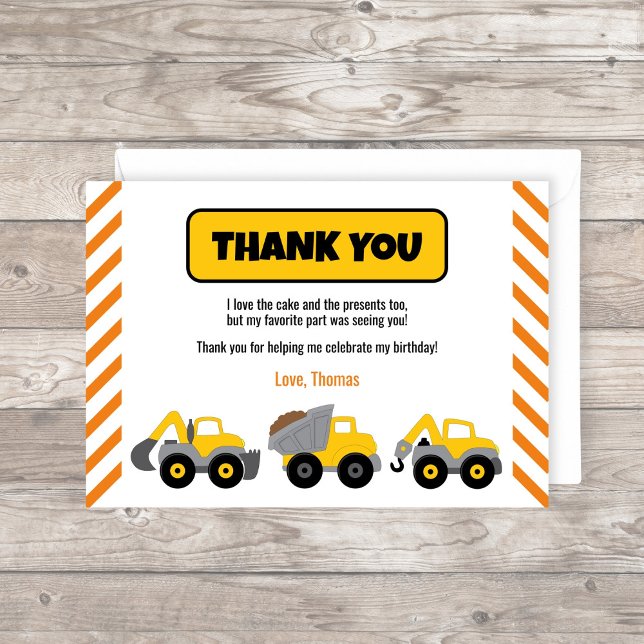 Carte De Remerciements Chariot de construction (Construction Truck Thank You card with yellow trucks and orange stripes)