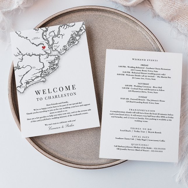 Carte De Remerciements Charleston Mariage Bienvenue Itinéraire Noir Blanc (Charleston SC Wedding Weekend Itinerary Schedule of events in Elegant black and white )