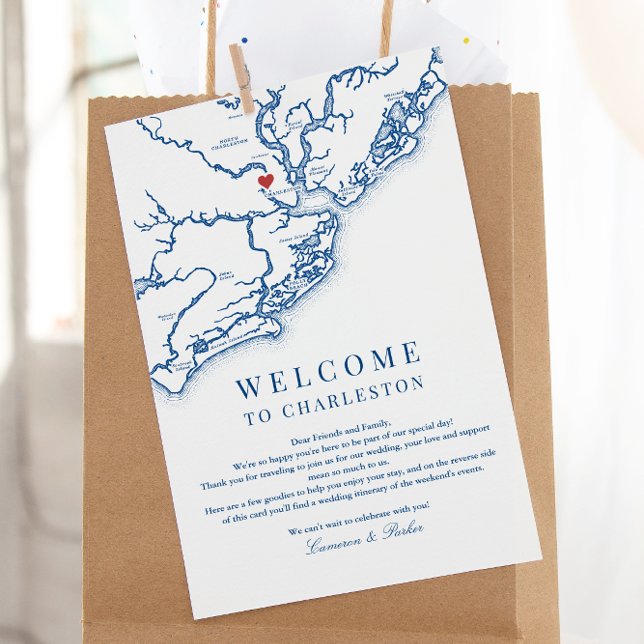Carte De Remerciements Charleston SC Mariage Bienvenue Itinéraire Marine  (Charleston SC Wedding Weekend Itinerary Schedule of events in Elegant navy blue )