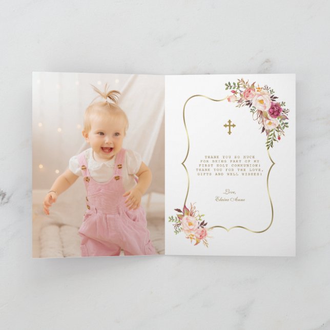 Carte De Remerciements Charm Blush Fleurs Roses Fille Photo Sainte Commun (Intérieur)