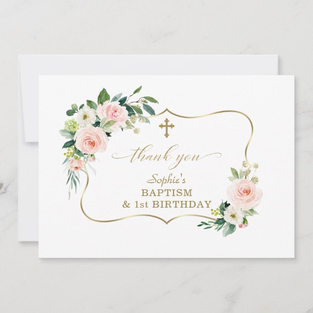 Carte De Remerciements Charm Blush Flowers Gold Girl 1er Anniversaire Bap (Devant)