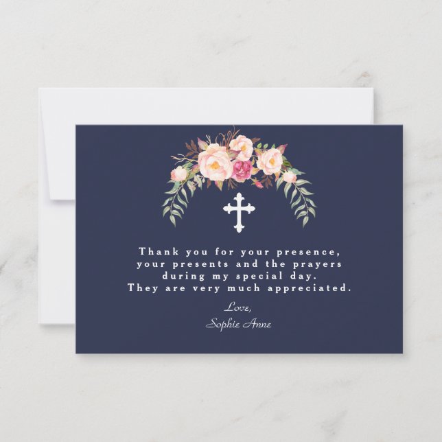 Carte De Remerciements Charm Blush rose Fleurs Marine Blue Girl Baptême (Devant)