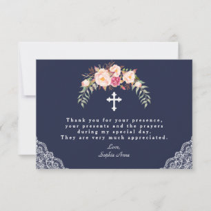 Carte De Remerciements Charm Blush rose Fleurs Marine Dentelle Girl Baptê
