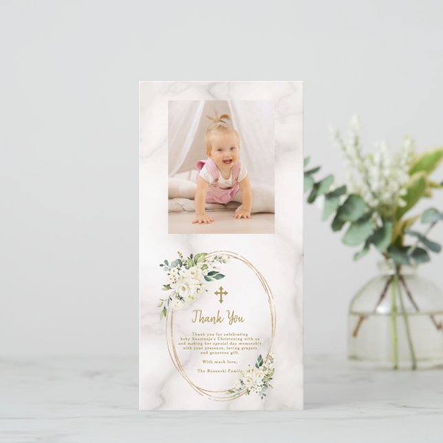 Carte De Remerciements Charm Fleurs blanches Croix d'or Christening photo (Debout devant)