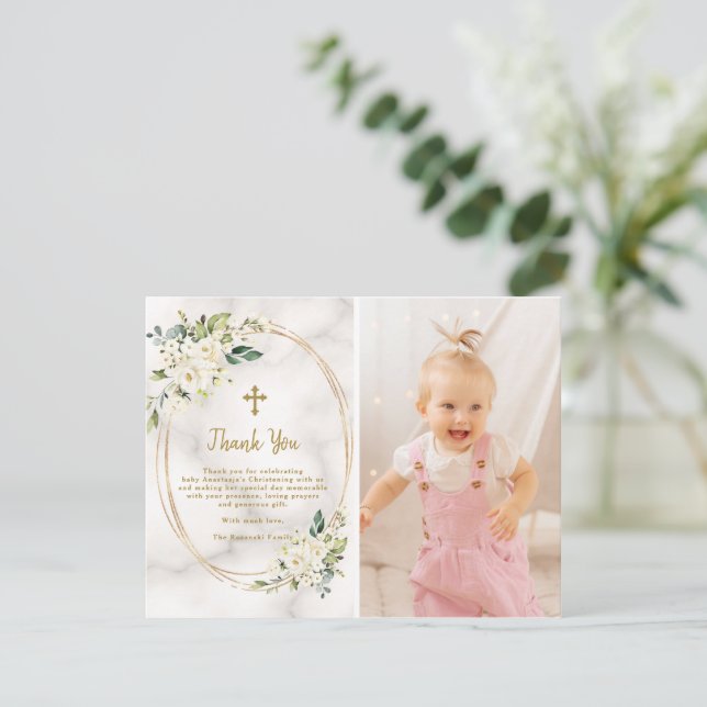 Carte De Remerciements Charm Fleurs blanches Croix d'or Christening photo (Debout devant)