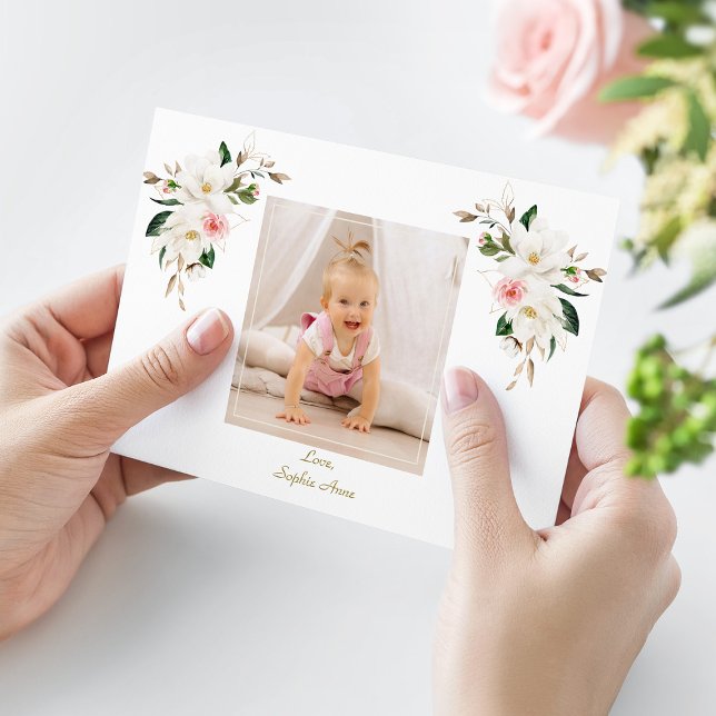 Carte De Remerciements Charm White Magnolia Photo Girl 1er anniversaire (Créateur téléchargé)