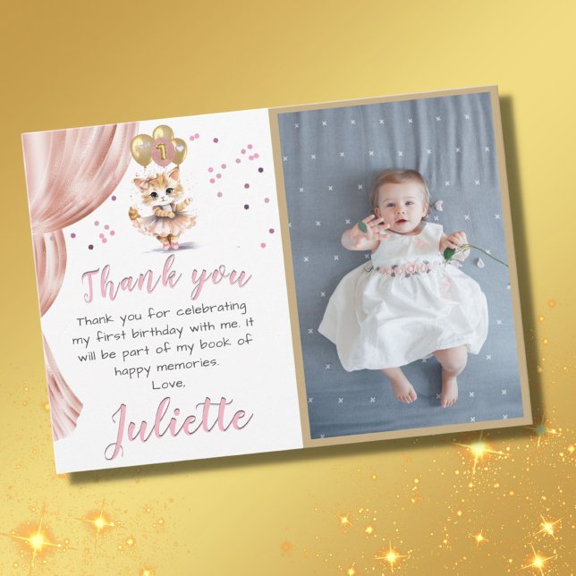 Carte De Remerciements Charming Dancing Chat Photo First Birthday Girl (Créateur téléchargé)