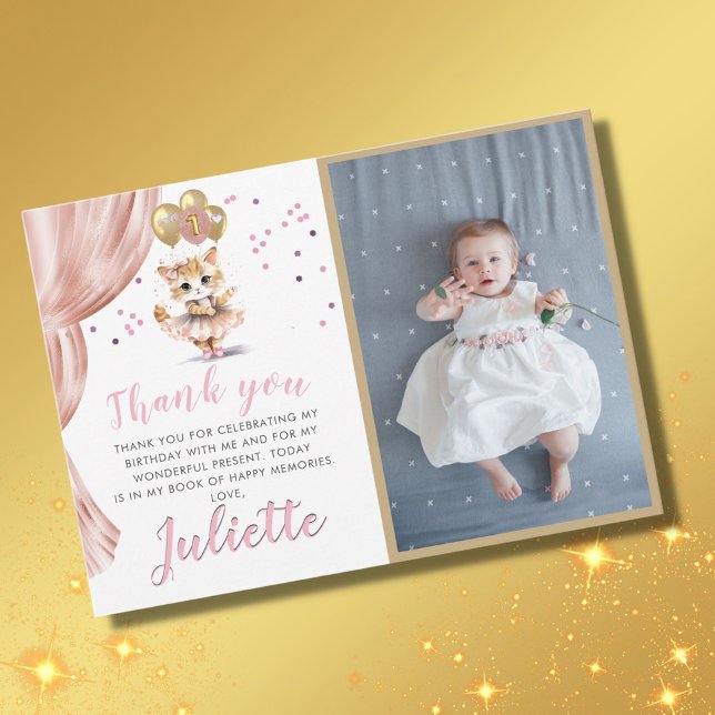 Carte De Remerciements Charming Dancing Chat Photo First Birthday Girl (Créateur téléchargé)