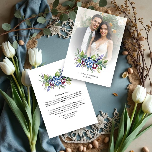 Carte De Remerciements Charming Romantic Floral & Transparency Overlay (Charming Romantic Floral & Transparency Overlay Wedding Thank You Card with Photo. )