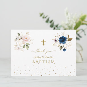 Carte De Remerciements Charming Rose Blue Gold Flowers Twins Baptême