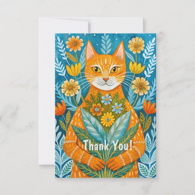 Carte De Remerciements Chat au gingembre dessiné à la main et fleurs (Devant)