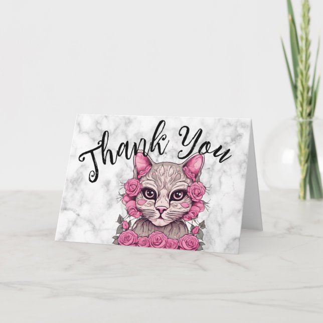 Carte De Remerciements Chat avec des roses roses (Devant)