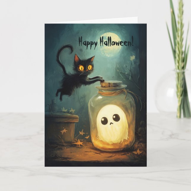 Carte De Remerciements Chat avec fantôme dans un bocal (Devant)