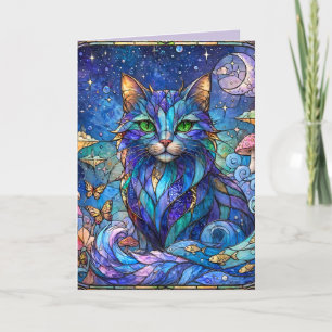 Carte De Remerciements Chat Cosmique Vitrail Surréaliste Yeux Bleus Verts