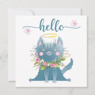 Carte De Remerciements Chat drôle avec Fleurs Bonjour Card