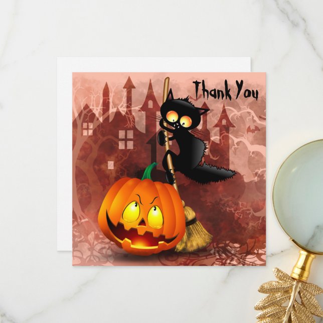 Carte De Remerciements Chat effrayé par Citrouille Fun Halloween caractèr (Devant/Arrière en situation)
