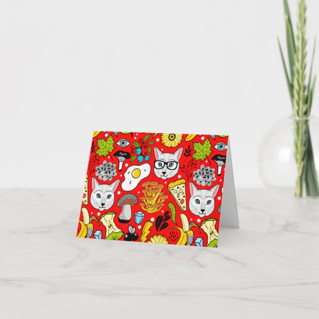 Carte De Remerciements Chat et œuf sur fond rouge (Devant)