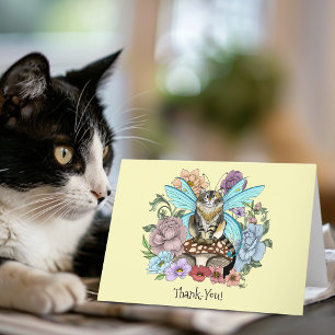 Carte De Remerciements Chat féerique tabby pastel fantaisiste floral