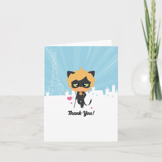 Carte De Remerciements Chat Miraculeux Noir Chibi Anniversaire (Devant)