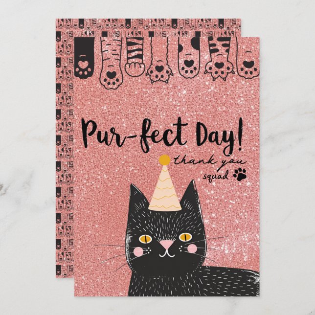 Carte De Remerciements Chat noir Anniversaire Casquette rose Parties scin (Devant / Derrière)