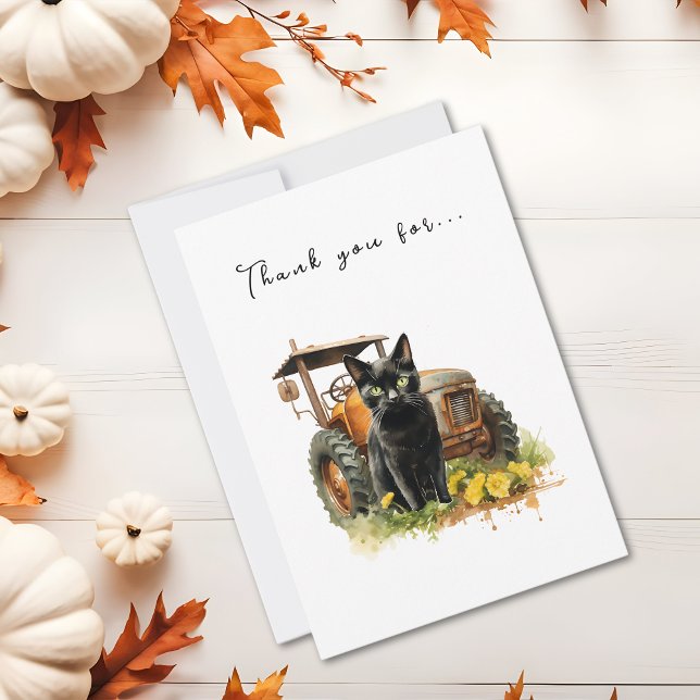 Carte De Remerciements Chat Noir Automne Avec Tracteur (Créateur téléchargé)