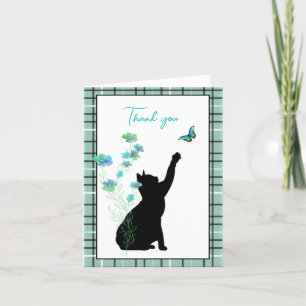 Carte De Remerciements Chat noir avec Fleurs et Papillon