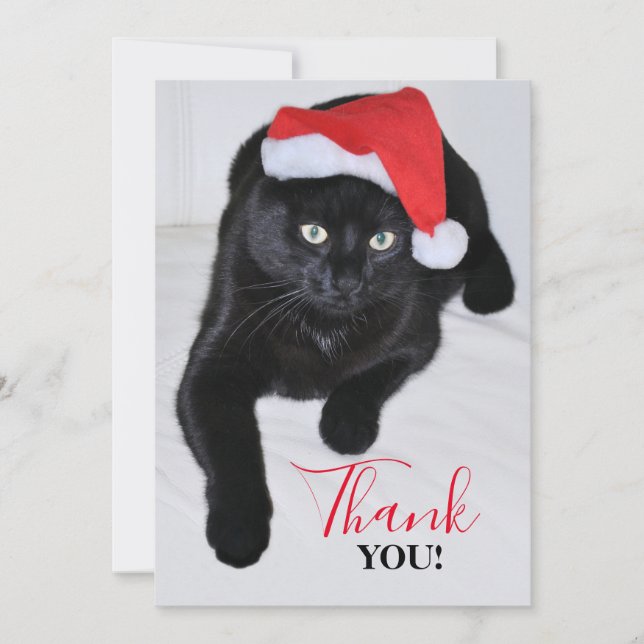 Carte De Remerciements Chat noir avec le casquette rouge de Père Noël (Devant)